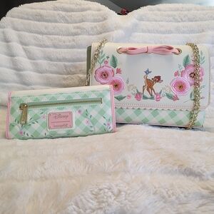 Loungefly Disney Bambi Spring Time Gingham Crossbody Bag Wallet Set NWOT